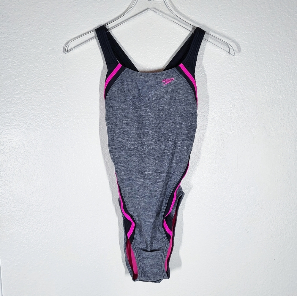 Speedo Quantum Splice One Piece Swimsuit Open Back Sporty Grey and Pink Size 10 - Picture 3 of 13